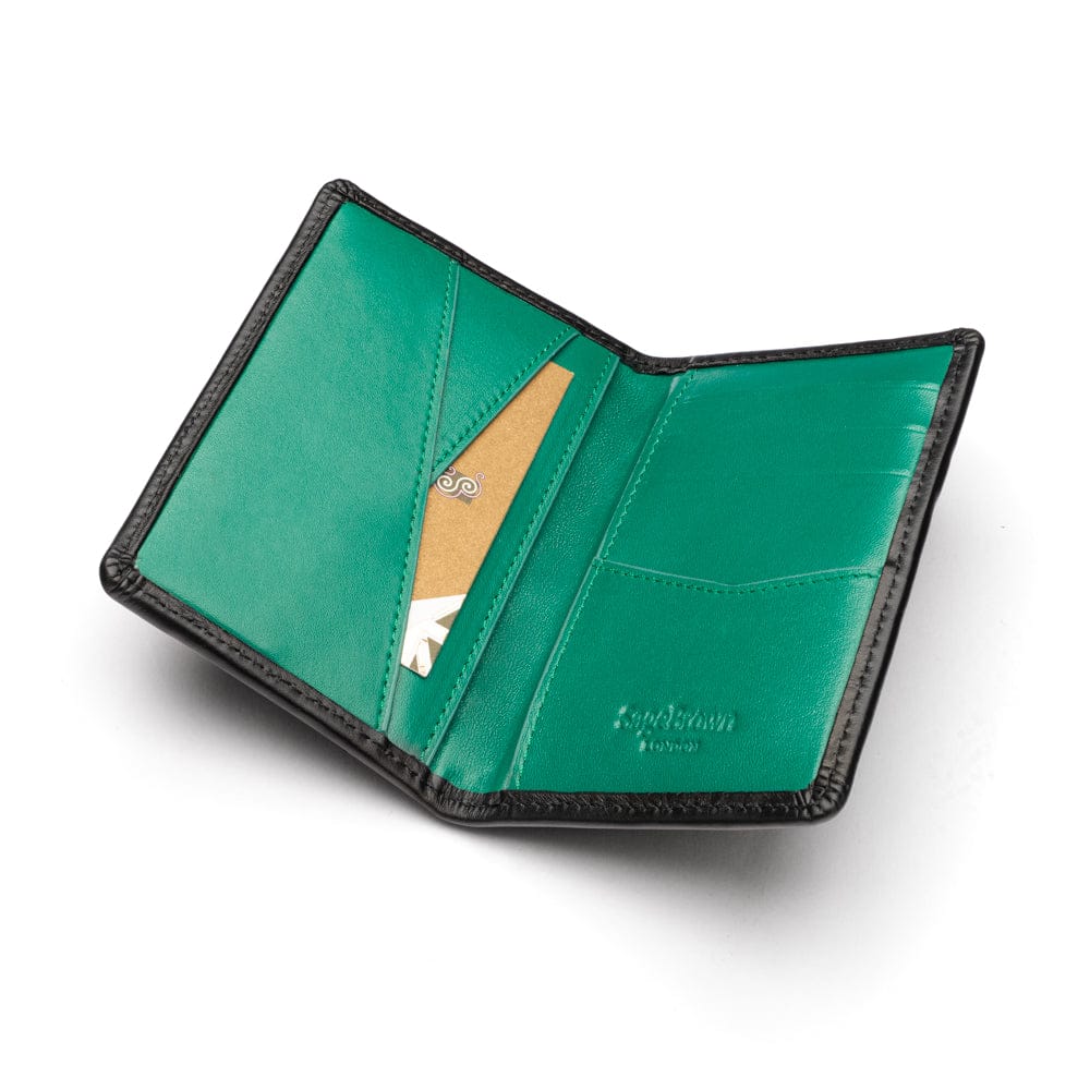 Woven leather credit card holder, black with green, inside