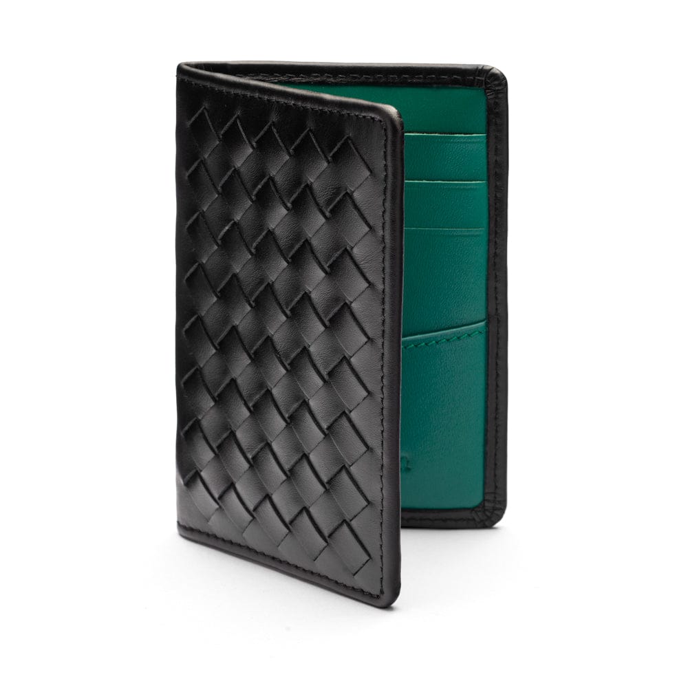 Woven leather credit card holder, black with green, open