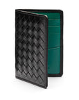 Woven leather credit card holder, black with green, open