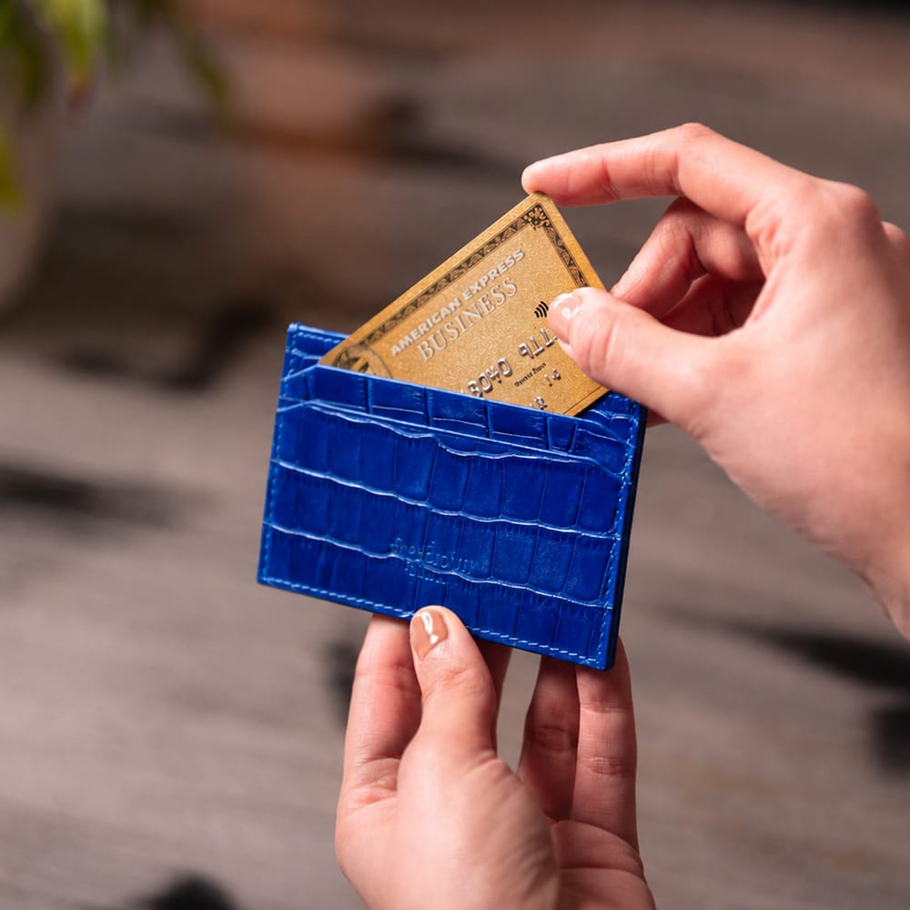 Leather credit card holder, cobalt croc, lifestyle