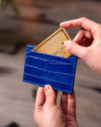 Leather credit card holder, cobalt croc, lifestyle