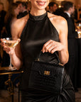 Mini leather Morgan Bag, top handle bag, black croc, listyle