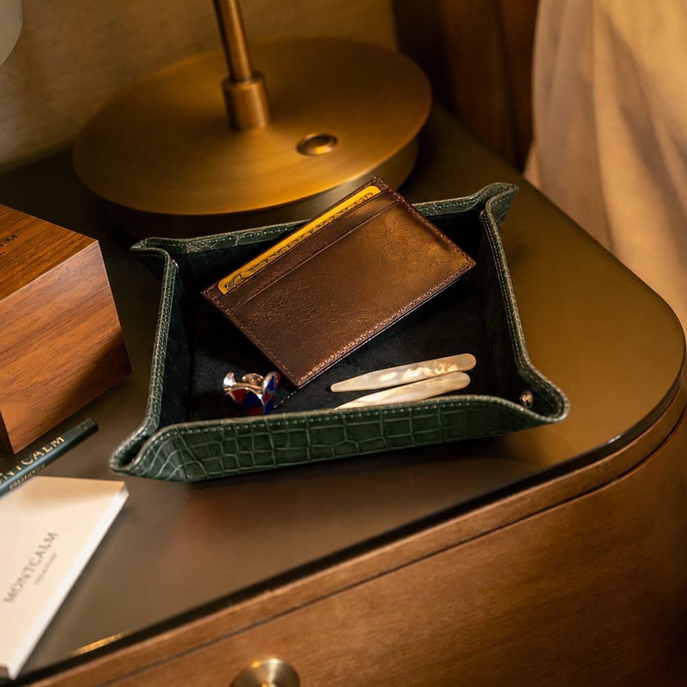 Leather valet tray, green croc with black, lifestyle