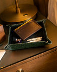 Leather valet tray, green croc with black, lifestyle