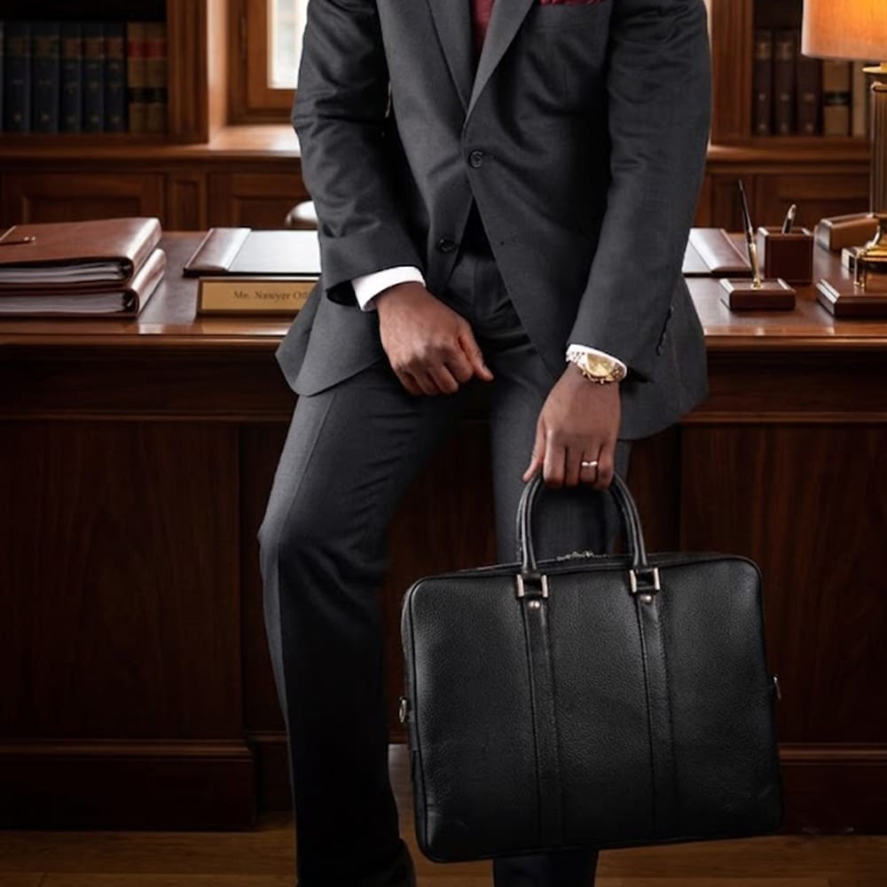 15" leather laptop bag, black, lifestyle