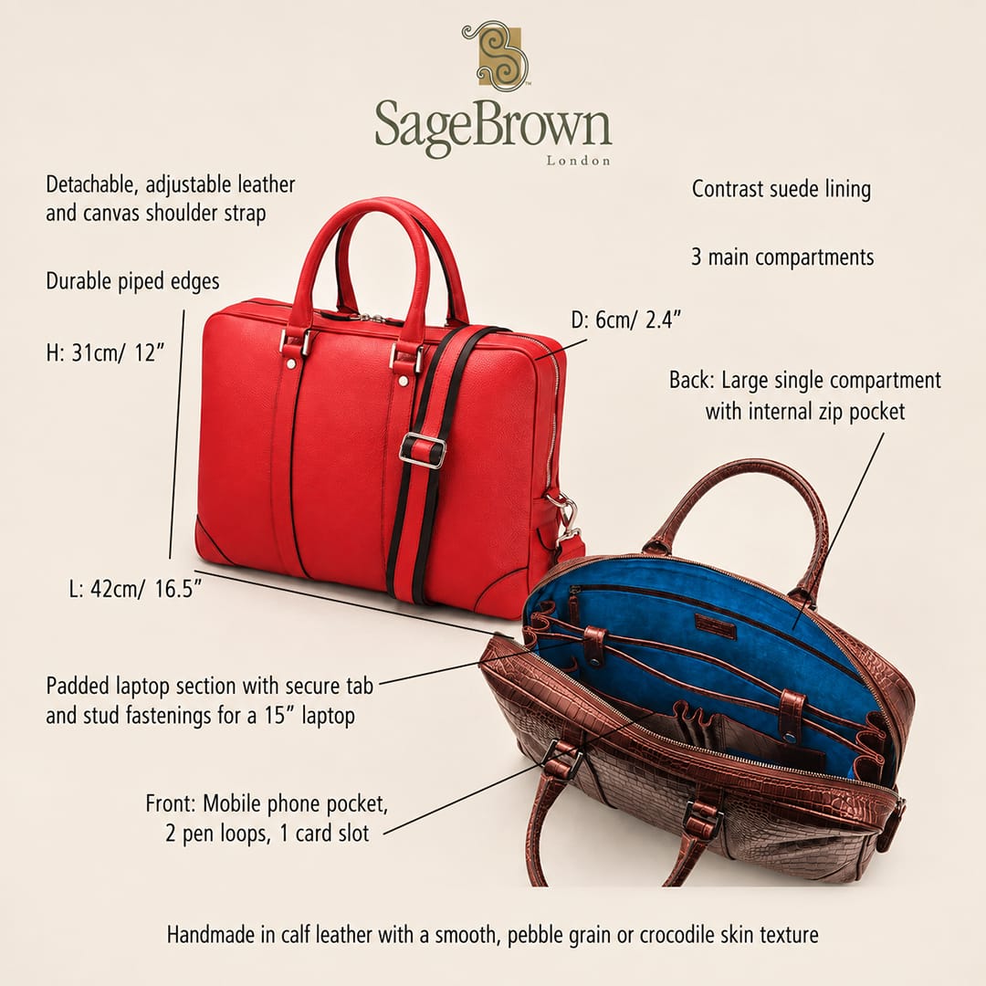 Gainsborough Leather 15" Laptop Bag, features and dimensions