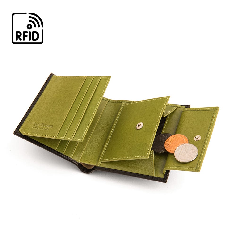 Compact RFID leather wallet with coin purse, black with lime, open