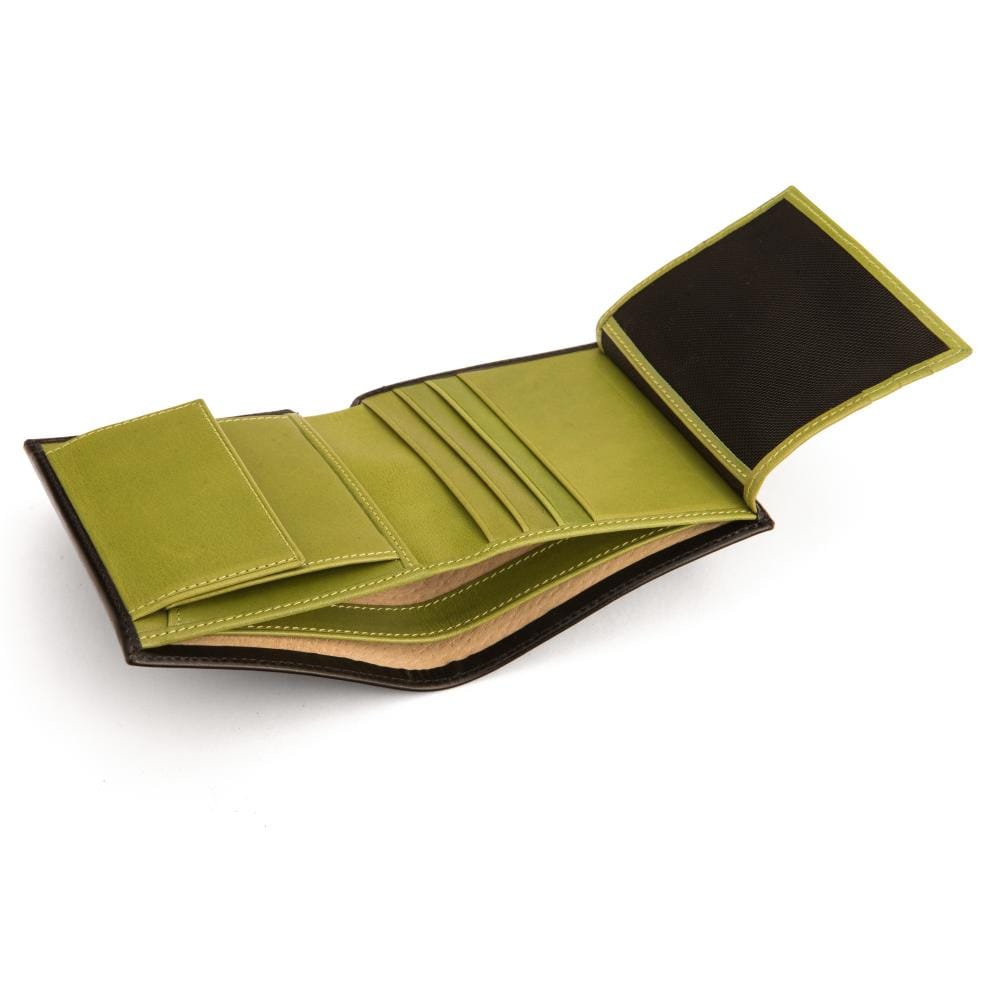 Compact RFID leather wallet with coin purse, black with lime, inside