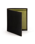 Compact RFID leather wallet with coin purse, black with lime, front