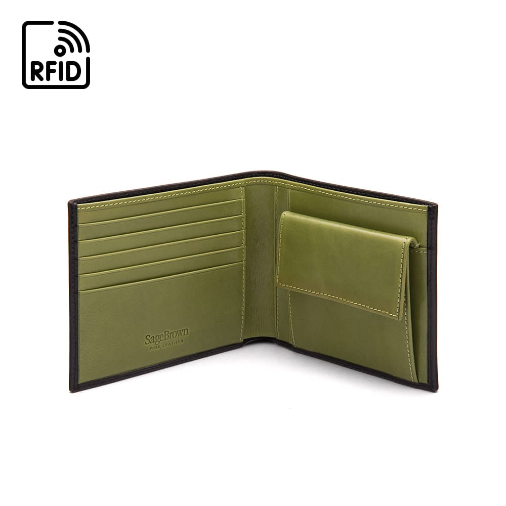RFID Leather wallet with coin purse, black with lime, open