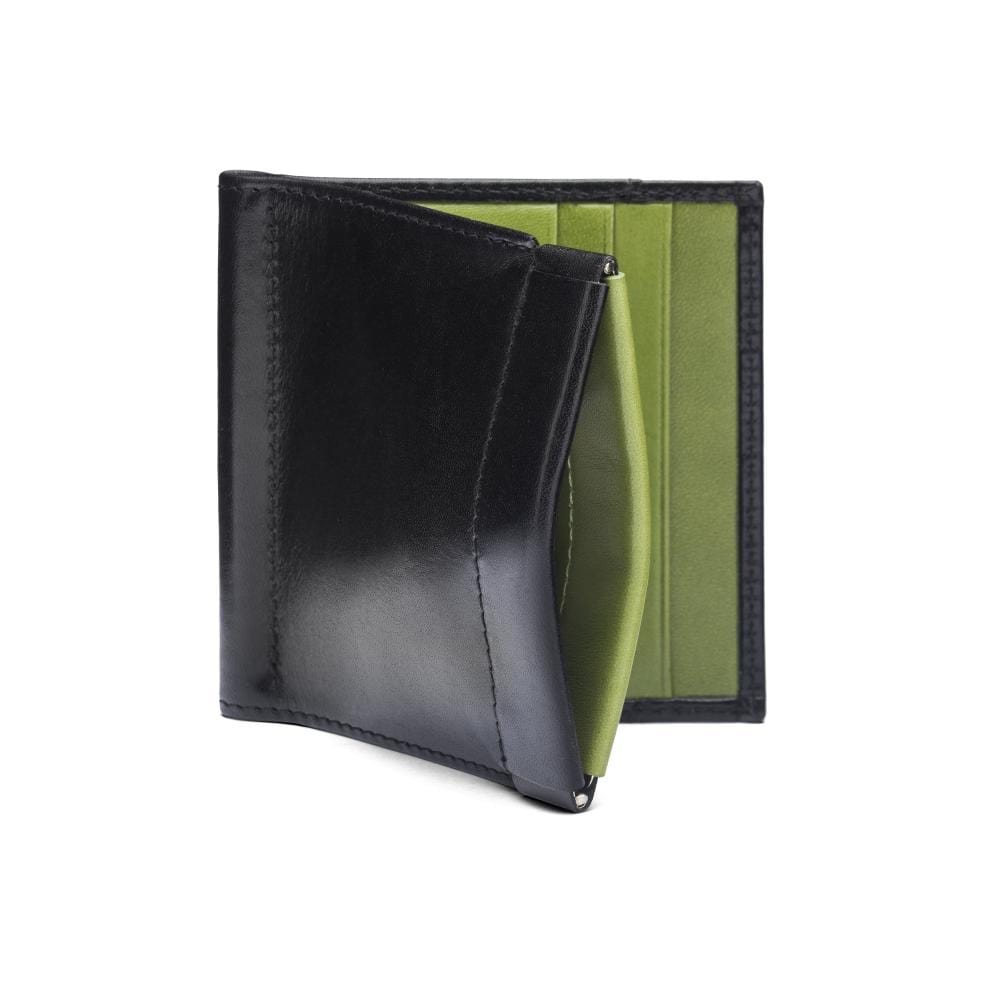 Leather money clip wallet with coin purse, black with lime, front