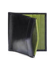 Leather money clip wallet with coin purse, black with lime, front