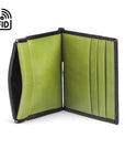 Leather money clip wallet with coin purse, black with lime, open