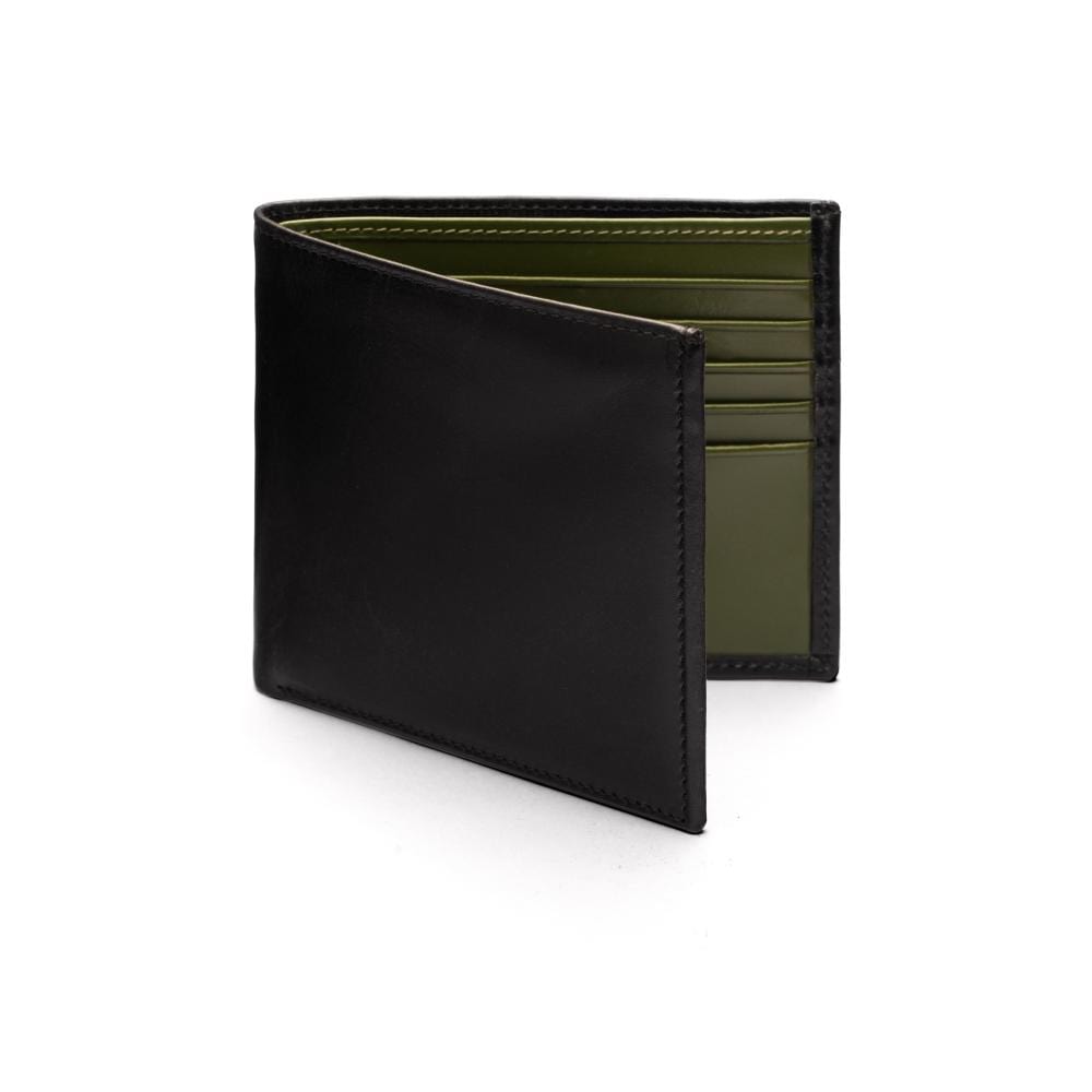 RFID wallet in bridle hide leather, black with lime green, front