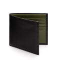 RFID wallet in bridle hide leather, black with lime green, front