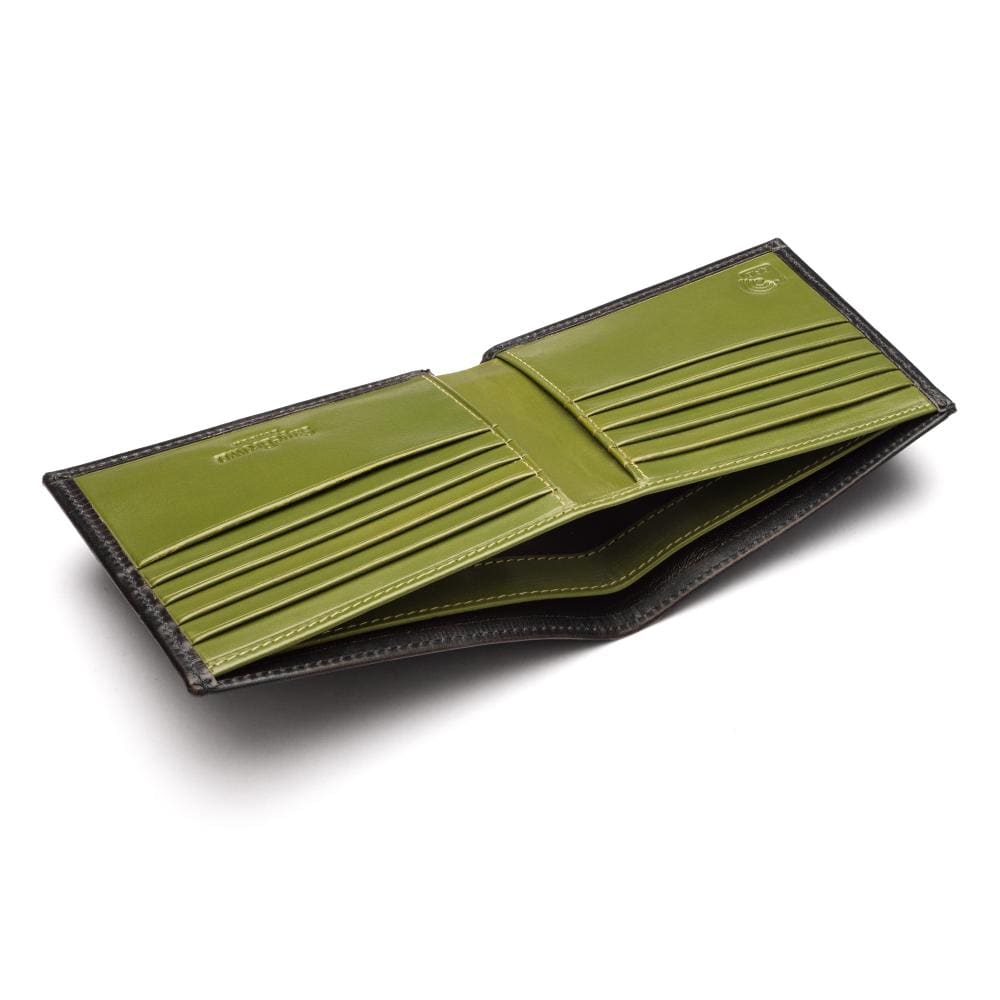 RFID wallet in bridle hide leather, black with lime green, inside