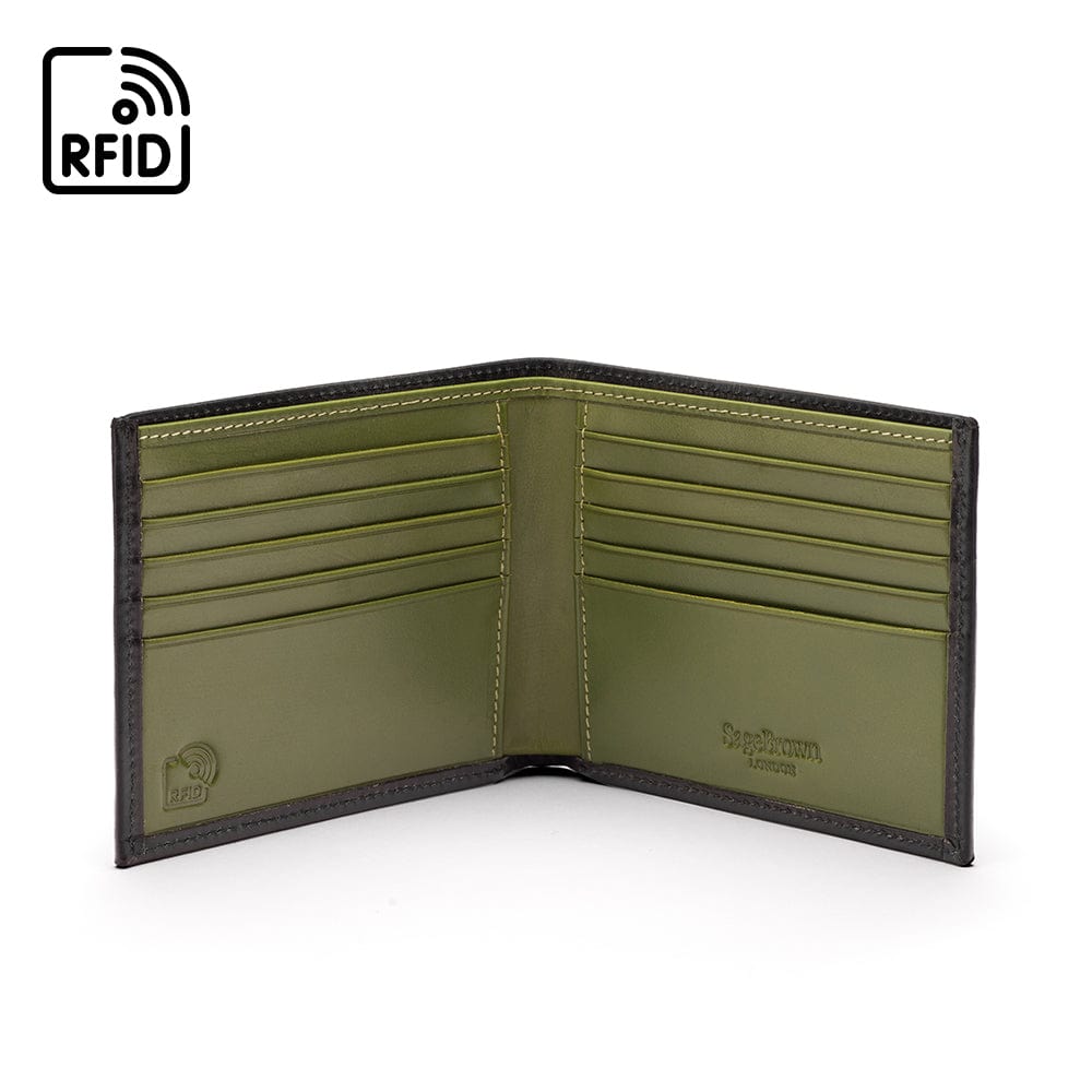 RFID wallet in bridle hide leather, black with lime green, open