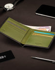 RFID wallet in bridle hide leather, black with lime green, lifestyle