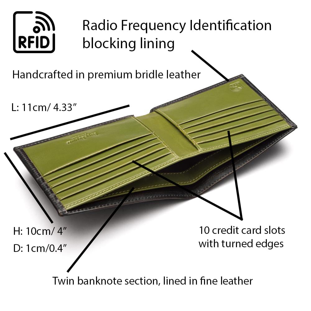 RFID wallet in bridle hide leather, black with lime, features