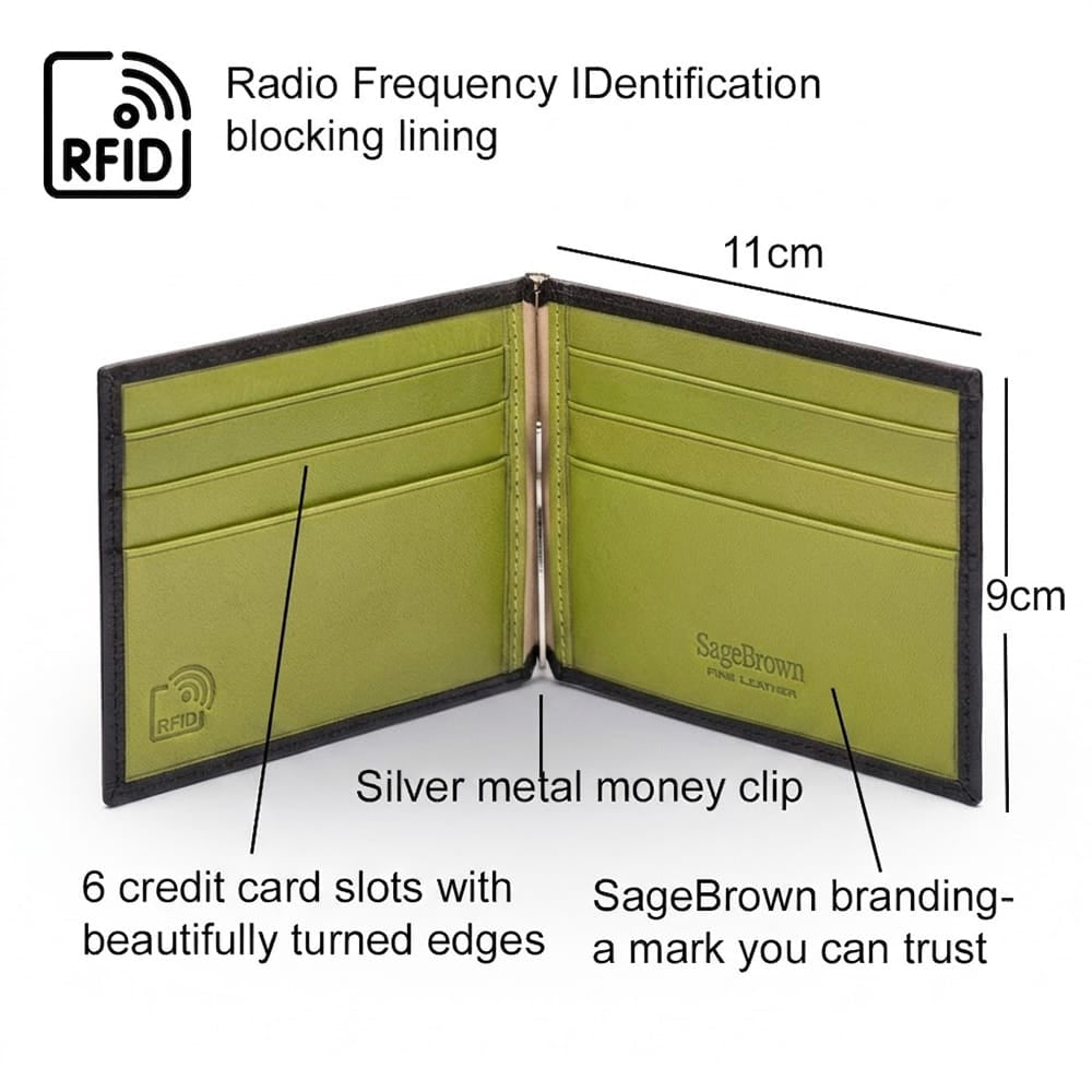Leather money clip wallet, black with lime, features and dimensions