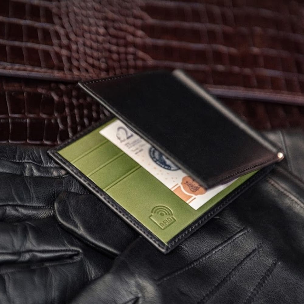 Leather money clip wallet, black with lime, back biew