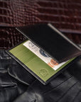 Leather money clip wallet, black with lime, back biew