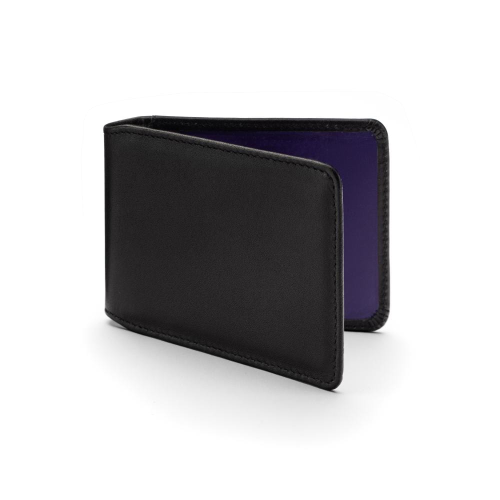 Leather Oyster card, black with purple, front