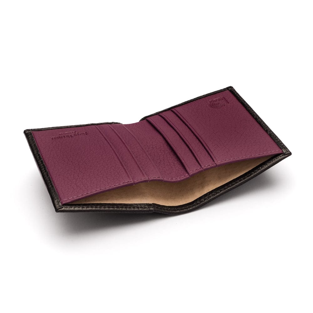 RFID leather wallet with 4 CC, black with purple, inside