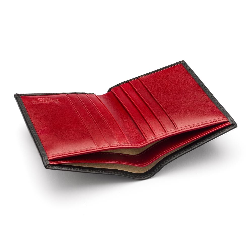 Bifold leather wallet with 6 credit cards, black with red, open