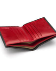 Bifold leather wallet with 6 credit cards, black with red, open