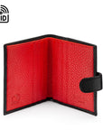 Compact leather RFID billfold wallet with tab, black with red, open