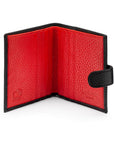 Compact leather RFID billfold wallet with tab, black with red, open view