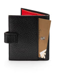 Compact leather RFID billfold wallet with tab, black with red, back