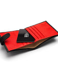 Compact leather RFID billfold wallet with tab, black with red, inside