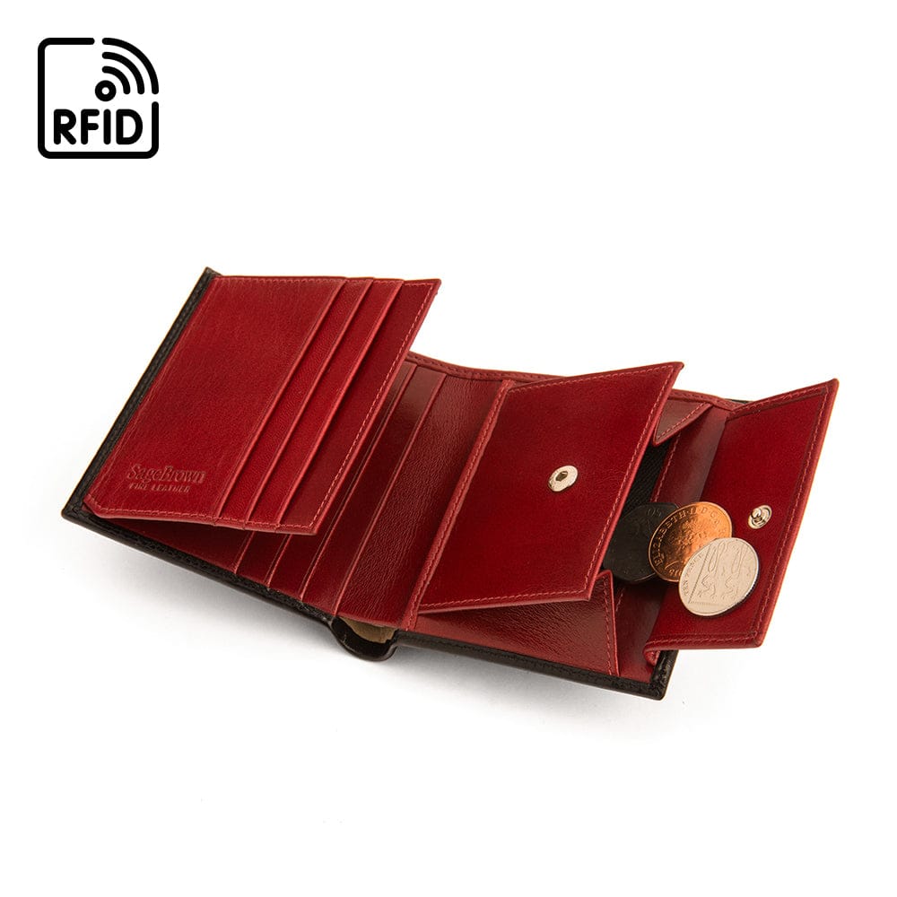 Compact RFID leather wallet with coin purse, black with red, open