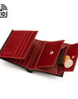 Compact RFID leather wallet with coin purse, black with red, open