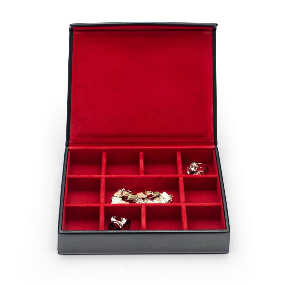 Large Leather Cufflink And Jewellery Box, Black With Red, open