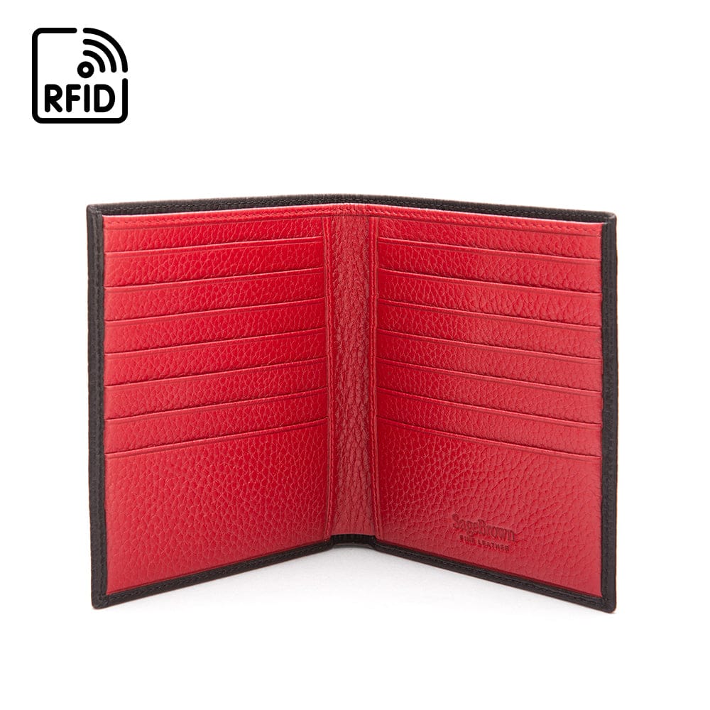 3/4 height leather RFID wallet 14 CC, black with red, open