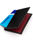 Leather travel card wallet, black with red, front