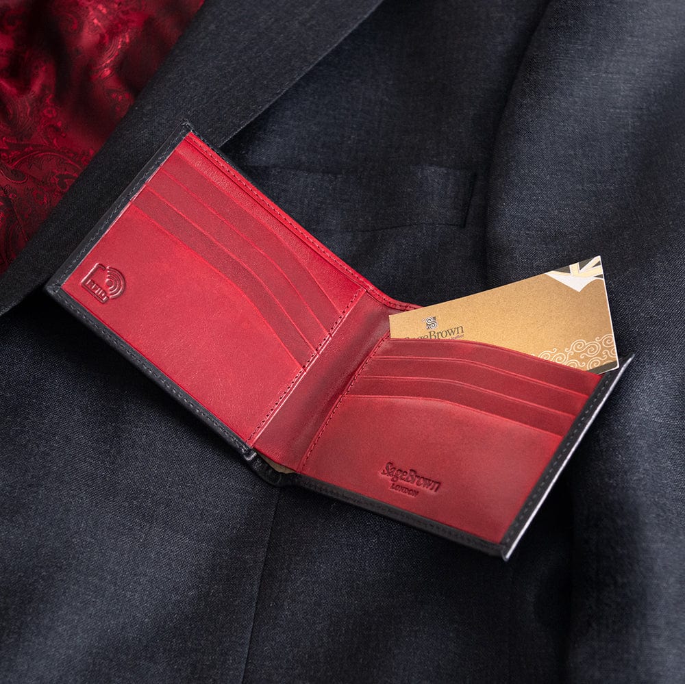 RFID leather wallet for men, black with red, lifestyle