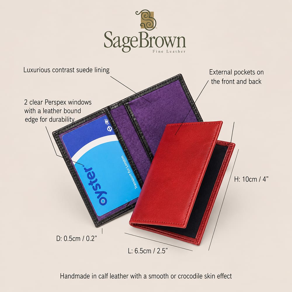 Luxury Leather Oyster Card Holder with Dual ID Windows, features and dimensions