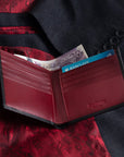 Men's leather billfold wallet, black with red, lifestyle