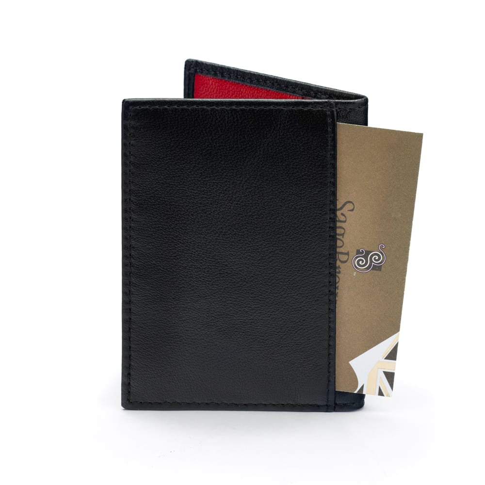 Premium Slim RFID Leather Credit Card Wallet, Soft Black With Red, back