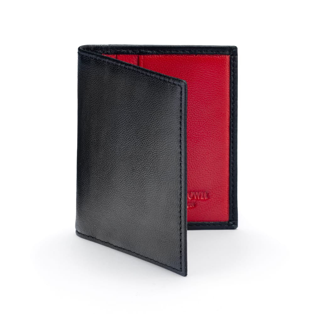 Premium Slim RFID Leather Credit Card Wallet, Soft Black With Red, front