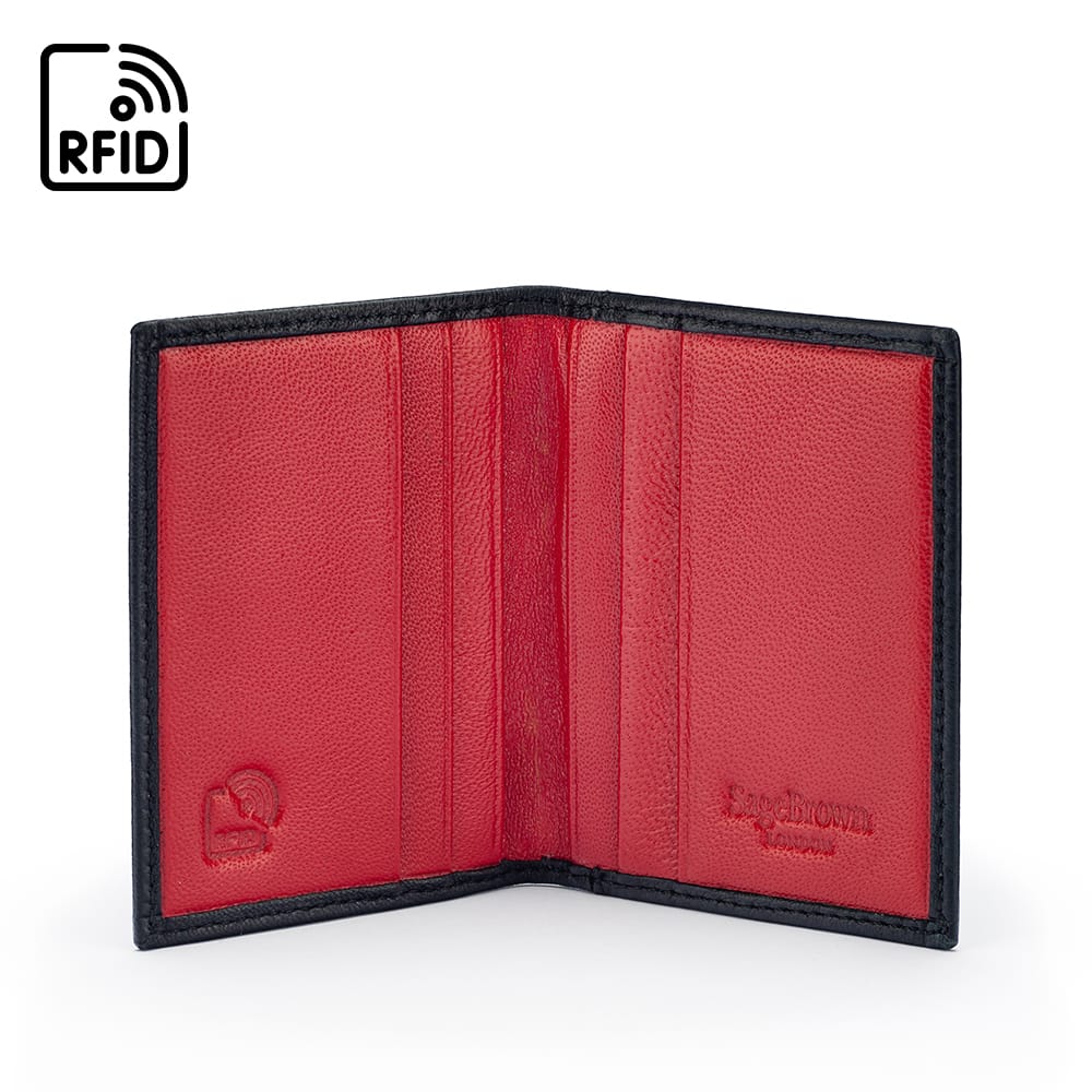 Premium Slim RFID Leather Credit Card Wallet, Soft Black With Red, inside