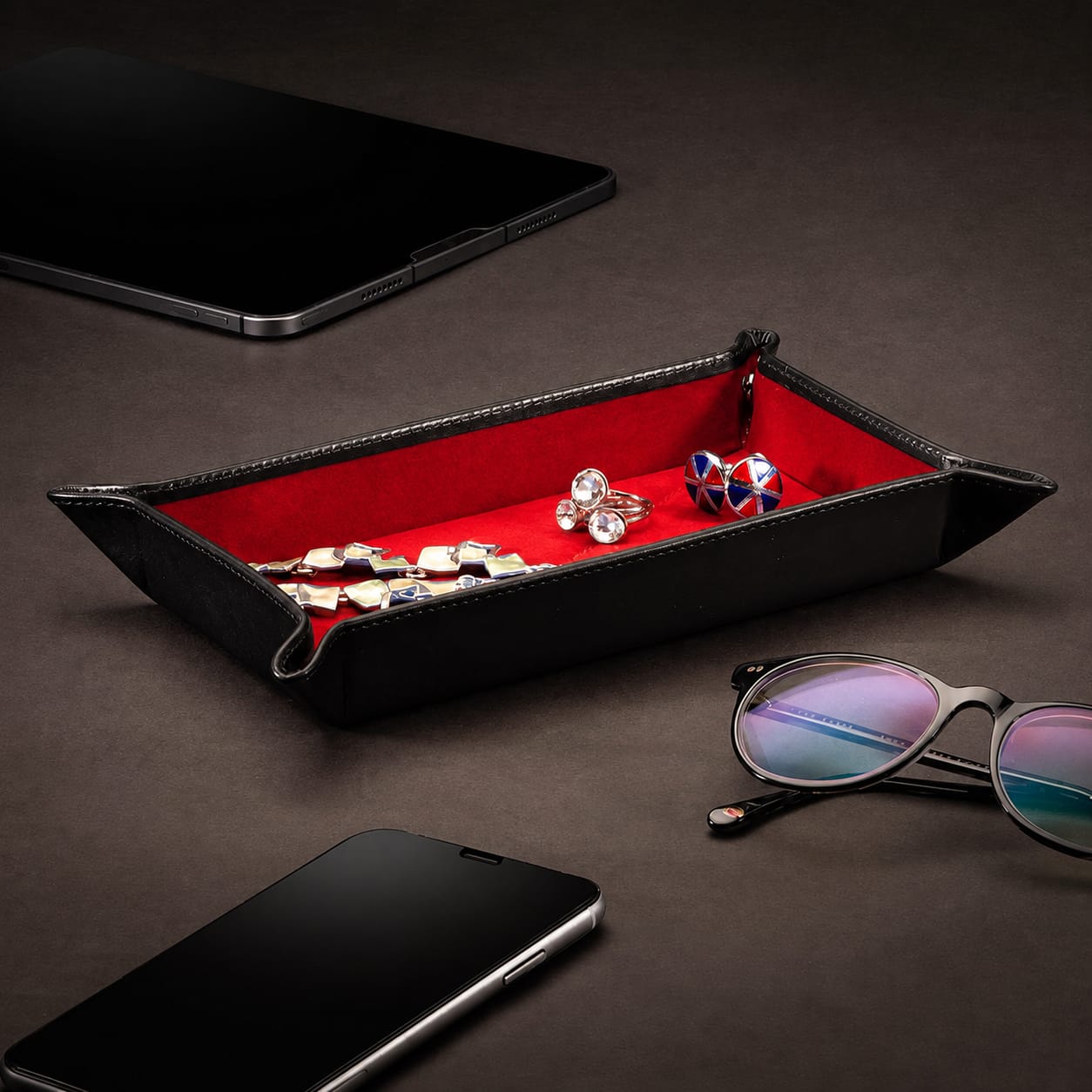 Rectangular Leather Valet Tray - Black With Red, lifestyle