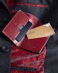 Leather card holder with RFID protection, black with red, lifestyle