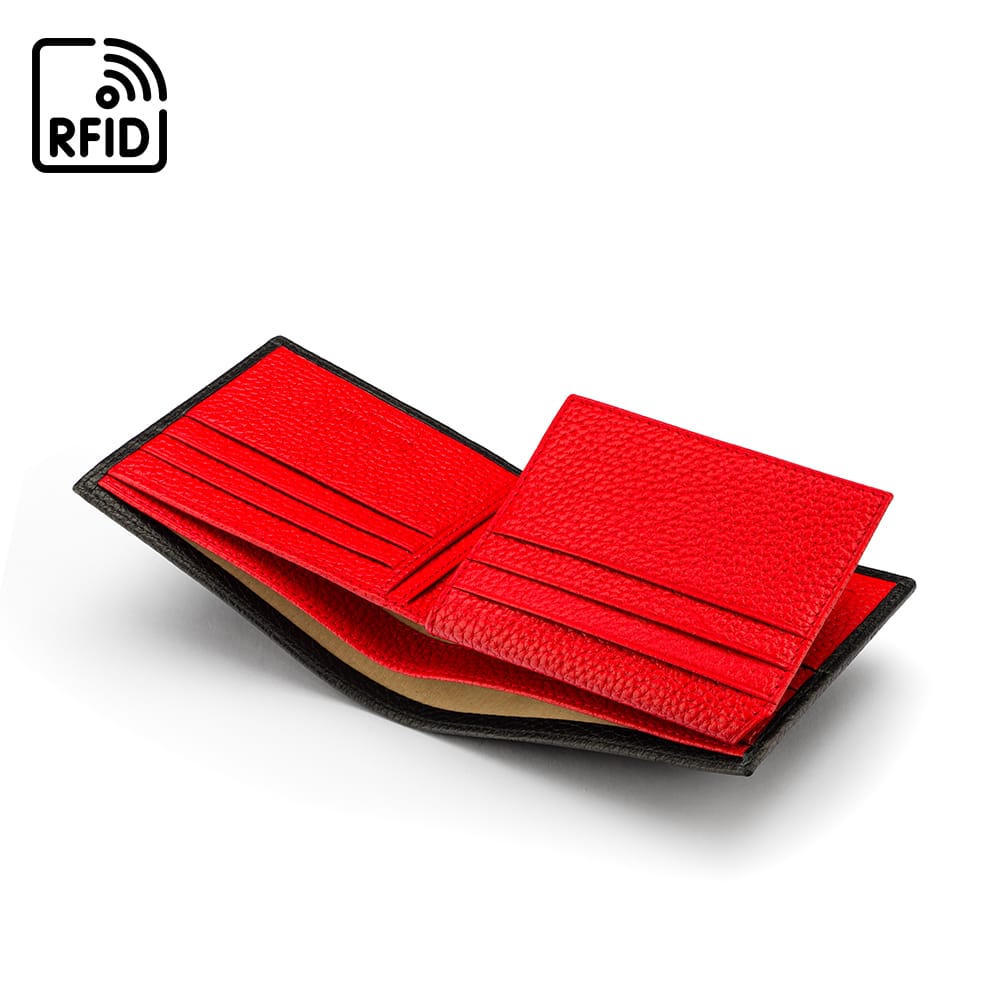 RFID leather wallet with 9 cc, black with red, inside