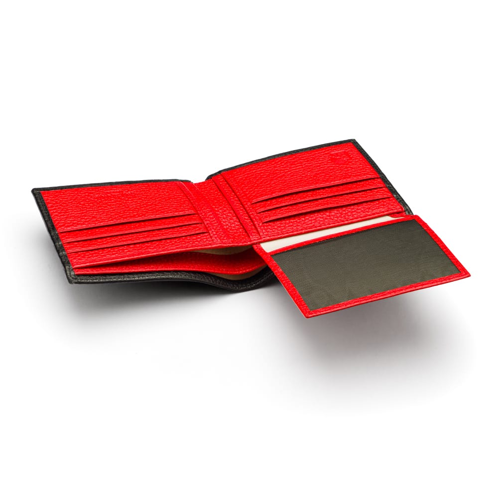 RFID leather wallet with 9 cc, black with red, with ID window
