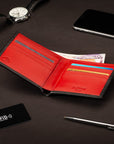 RFID wallet in bridle hide leather, black with red, lifestyle